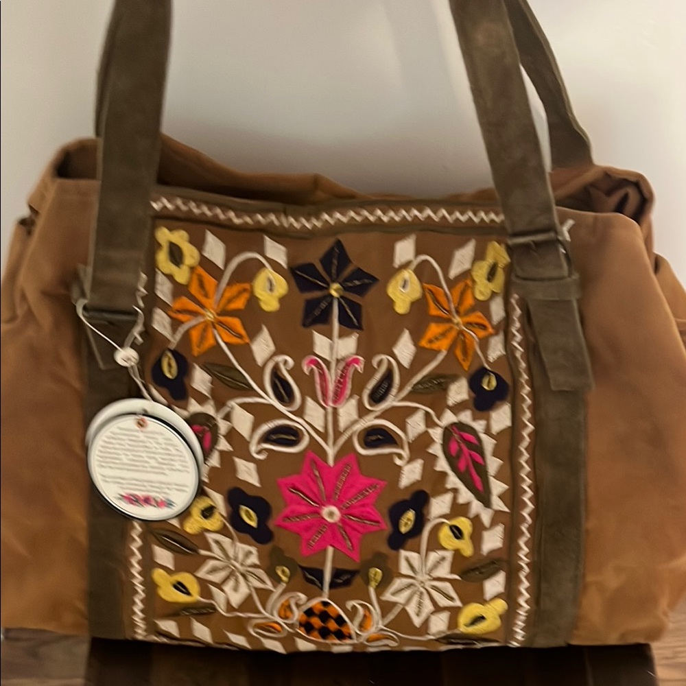 Embroidered Brown Suede handle Bag